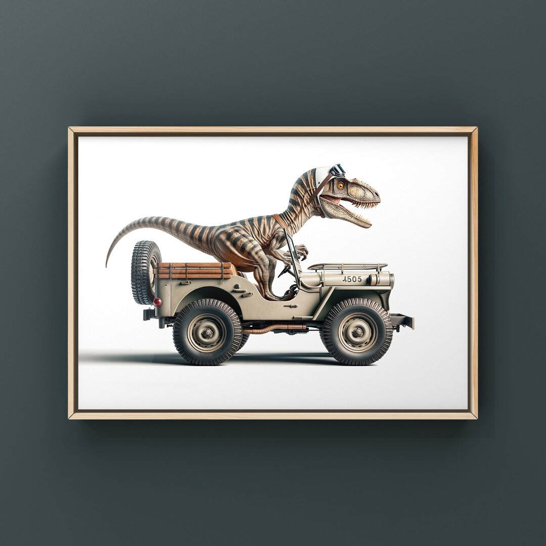 Velociraptor Driving Vintage 4x4 Art Print, Dino Room Decor, Dinosaur Art, unframed print or canv... | Etsy (US)