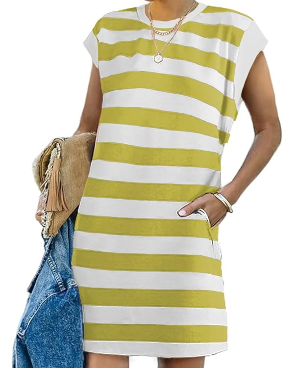 AlvaQ Womens Striped Summer Dresses 2025 Crewneck Cap Sleeve Color Block Casual A Line Tshirt Dre... | Amazon (US)