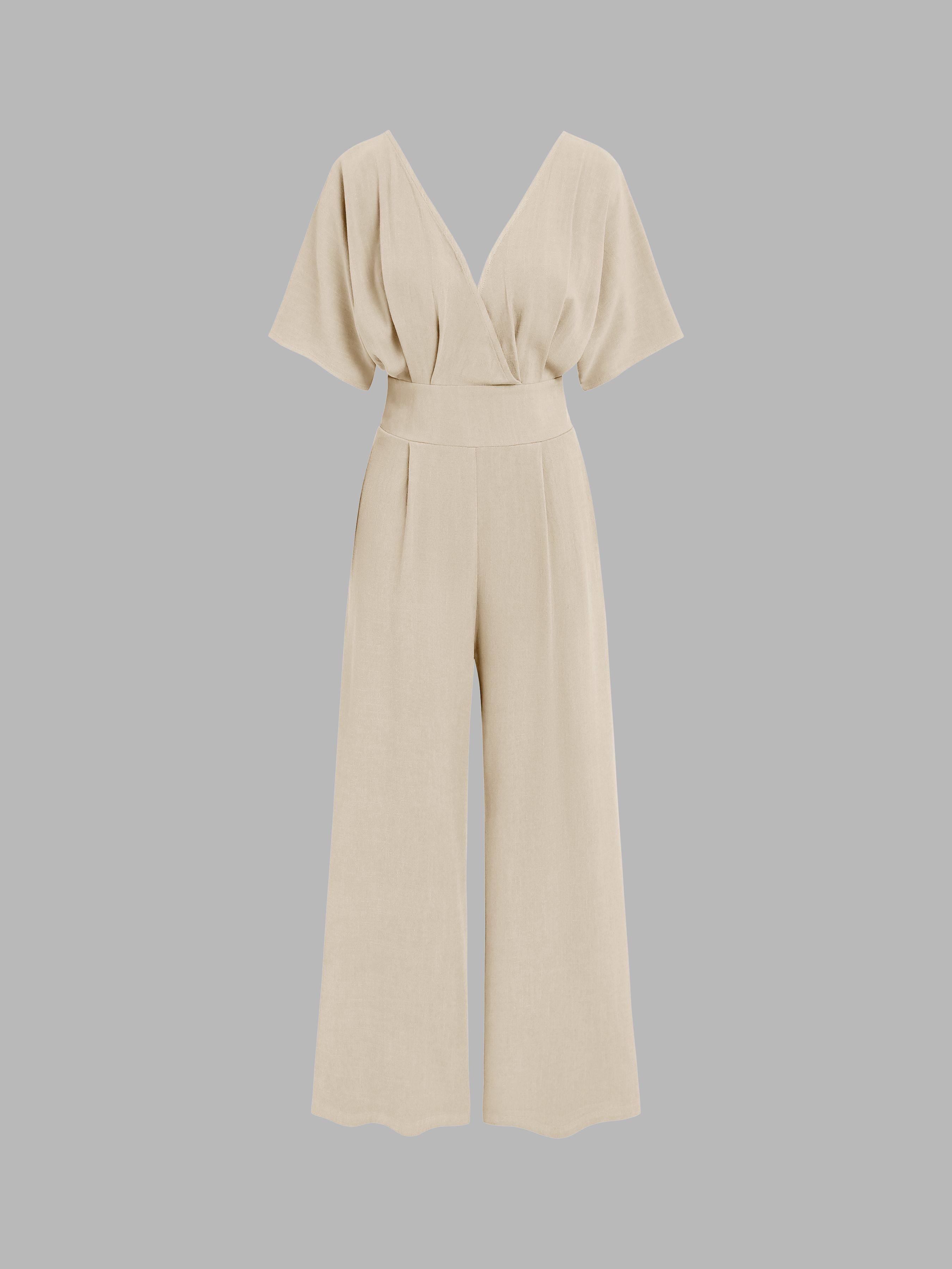 Linen-blend V-neck Solid Corset Middle Sleeve Pocket Jumpsuit For Vacation | Cider