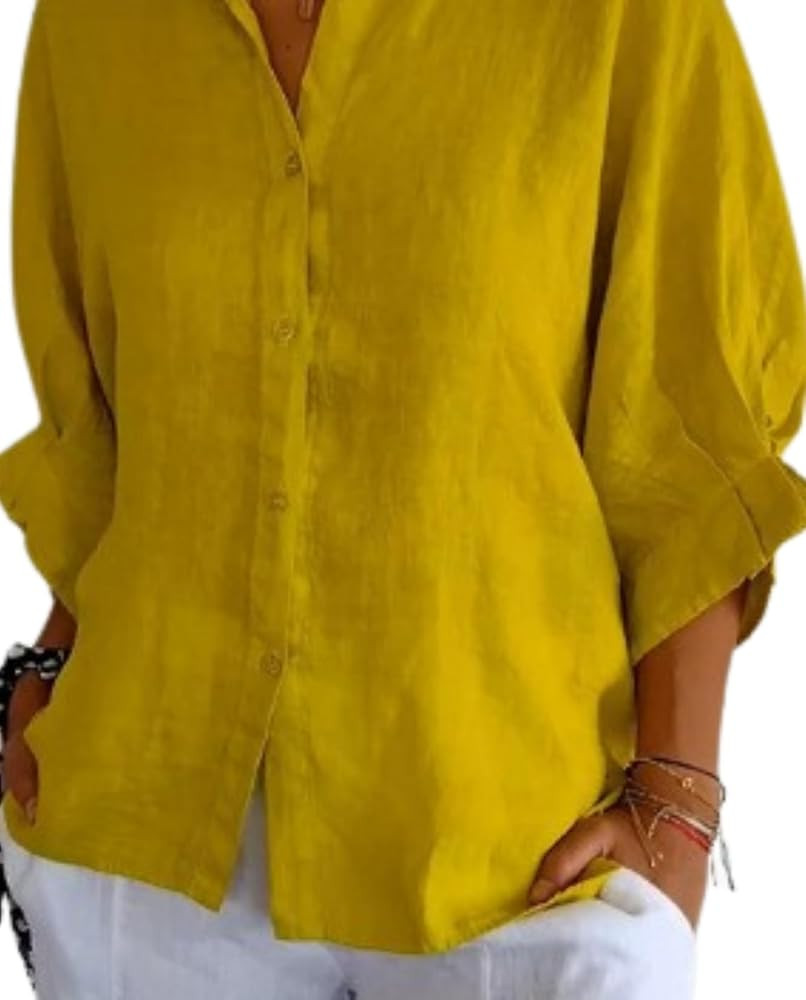 Women Trendy Button Down V-NEC Shirts Cotton Linen Blouse Tops 3/4 Sleeve Shirt Tunic Loose Fit F... | Amazon (US)