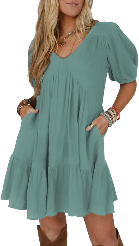 Acelitt Women's Summer Dresses 2026 Beach Casual Deep V Neck Loose Sundress Short Sleeve Mini Dre... | Amazon (US)