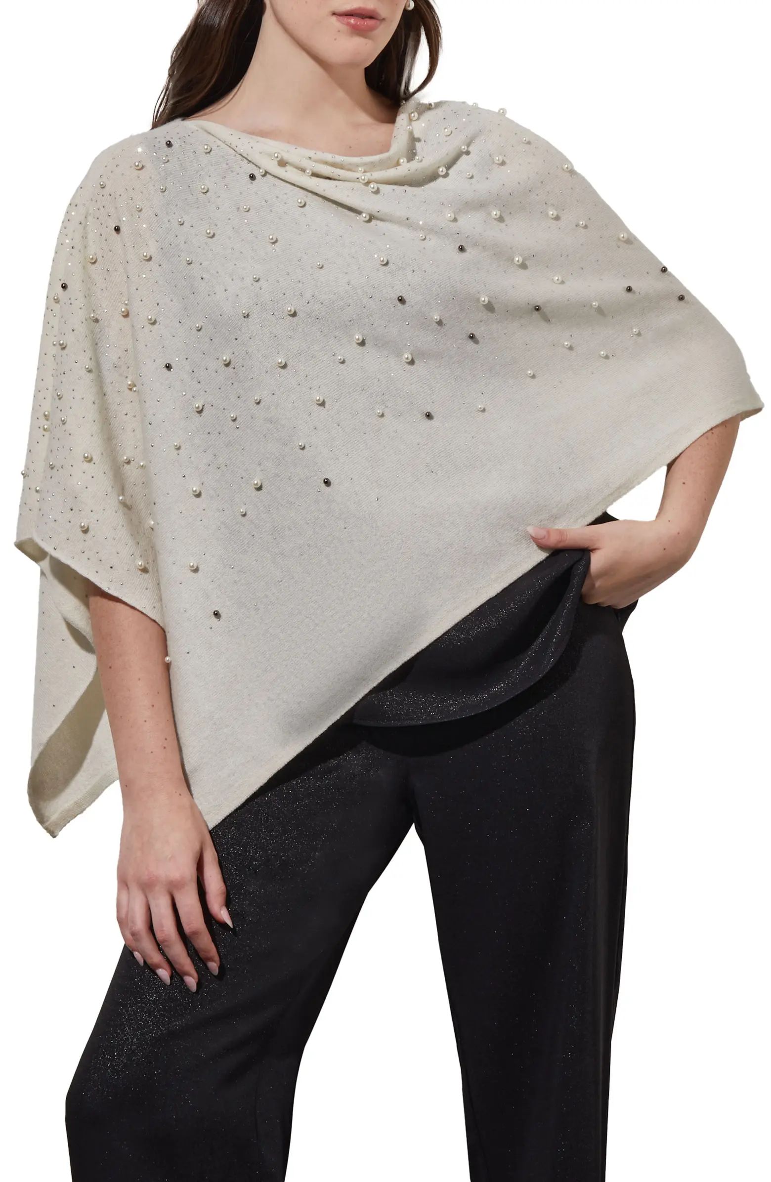 Imitation Pearl & Bead Detail Wool & Cashmere Poncho | Nordstrom