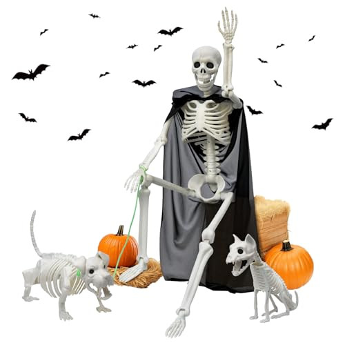 Askill 36" Skeleton Halloween Decorations, 3FT Halloween Posable Skeleton with Dog & Cat Skeleton - 5 in 1 Creepy Halloween Plastic Movable Joint Skeleton for Halloween Party Yard Decor (36inch) | Amazon (US)