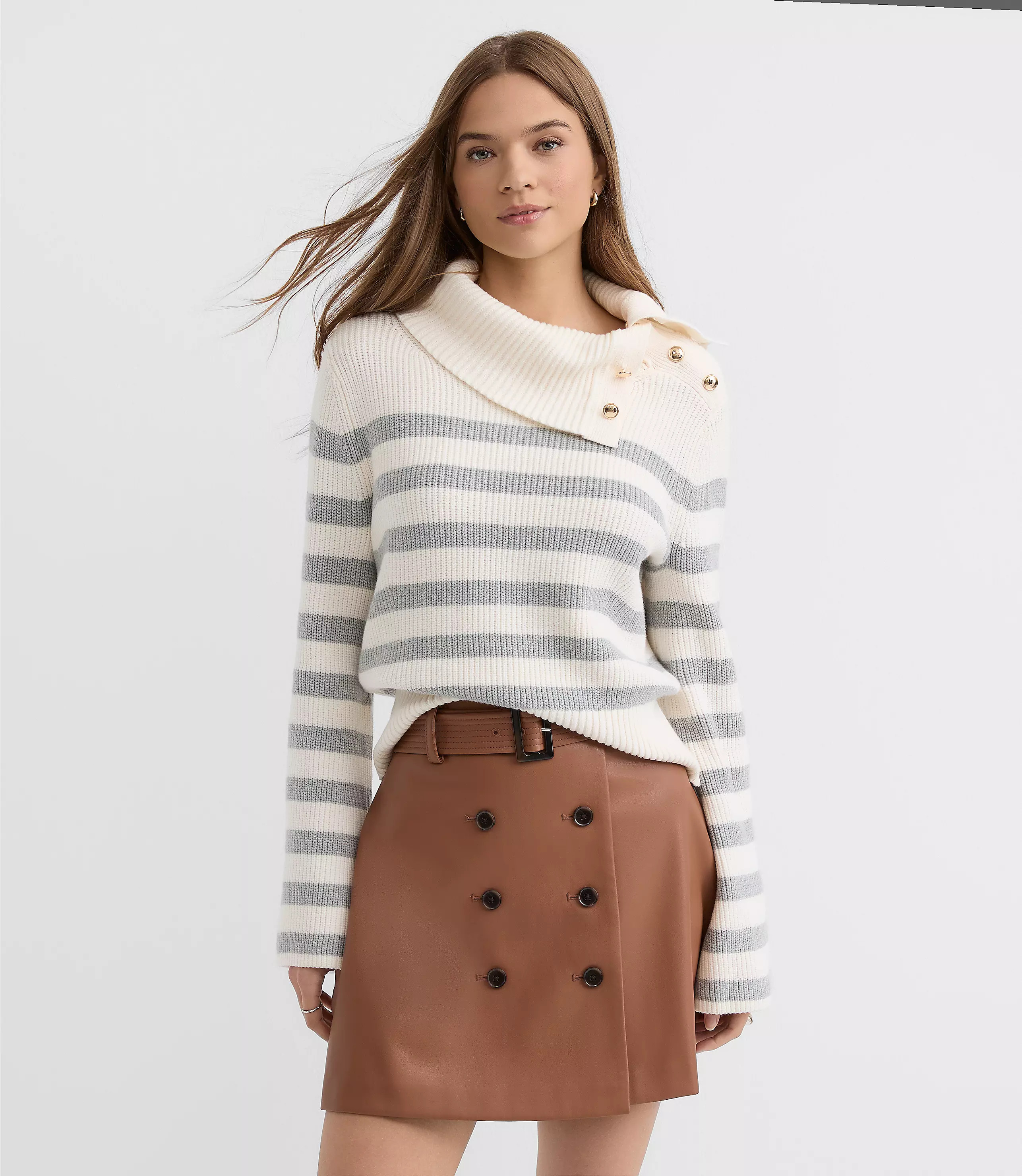 Stripe Button Neck Flare Sleeve Sweater | LOFT