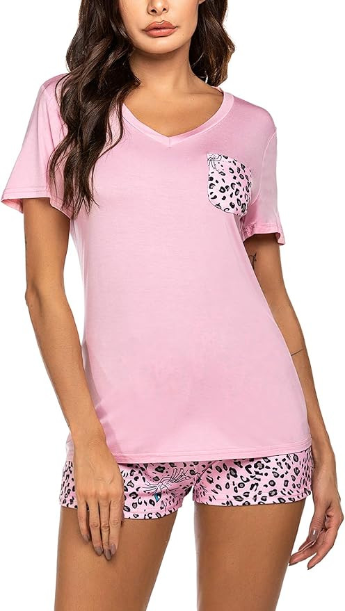 Hotouch Womens Pajamas Short Sets V-Neck Short Sleeve Shorts Sleepwear Pj Sets | Amazon (US)