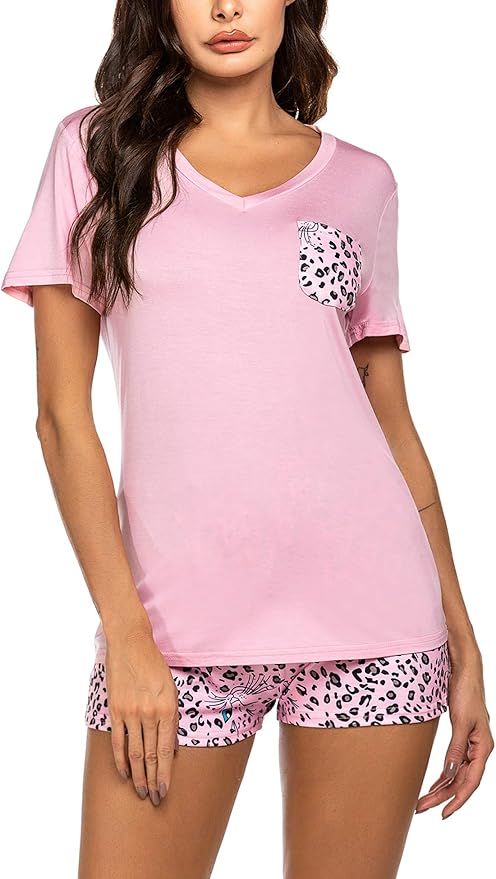 Hotouch Womens Pajamas Short Sets V-Neck Short Sleeve Shorts Sleepwear Pj Sets | Amazon (US)
