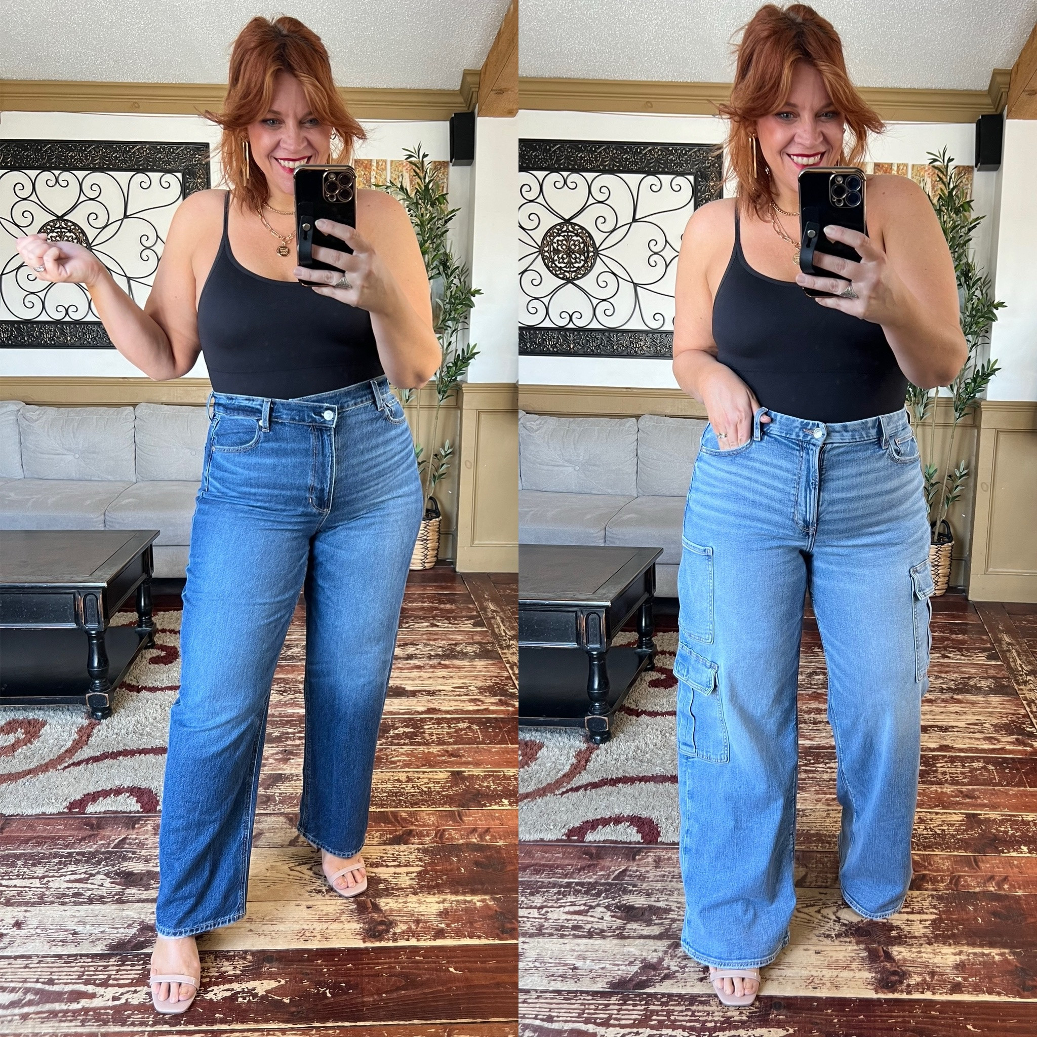 Magic jeans, straight leg jeans, cargo jeans, wide leg jeans, high rise jeans, curvy jeans 
Size 16 reg in asymmetrical waist
Size 16 long/tall in cargo style
Size large in shaping boyshort bodysuit 

#LTKsalealert #LTKover40 #LTKfindsunder100