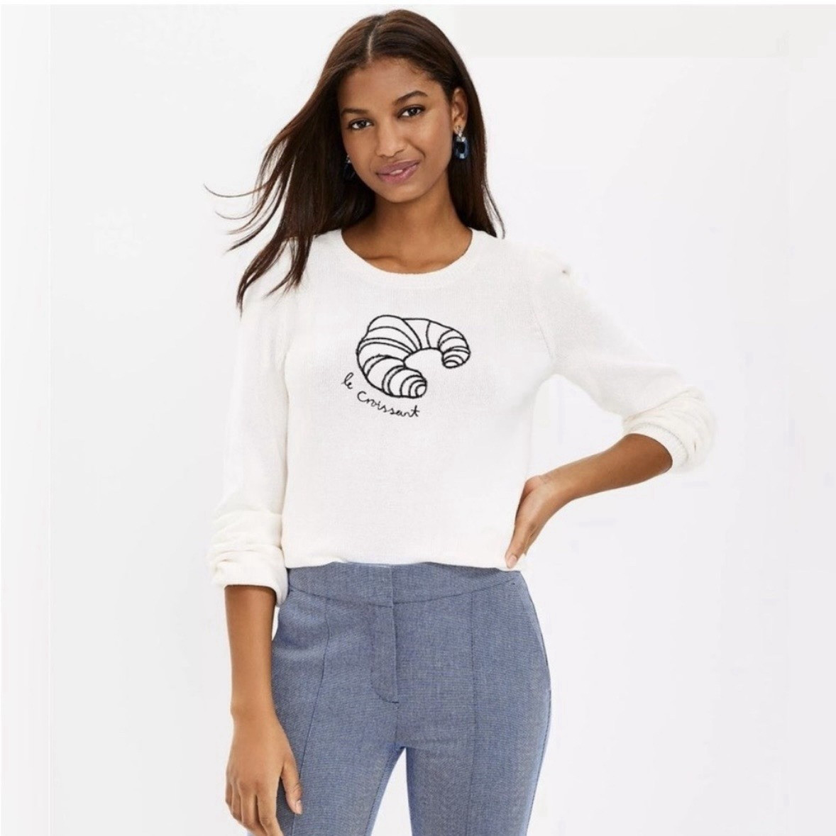 LOFT French Croissant Sweater XS | Cream 100% Cotton Puff Sleeve Cottagecore | eBay US