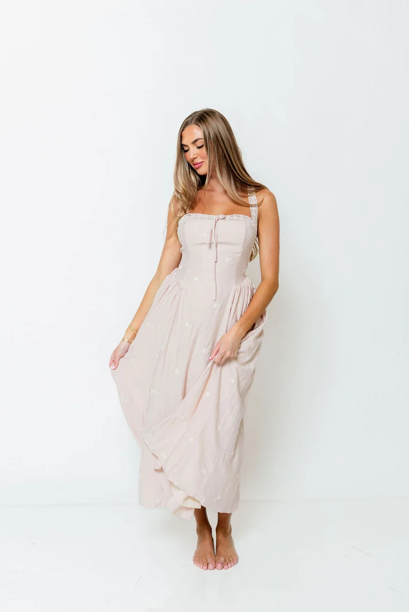 Lilibet Embroidered Lace Trim Midi Dress in Pink | Worth Collective