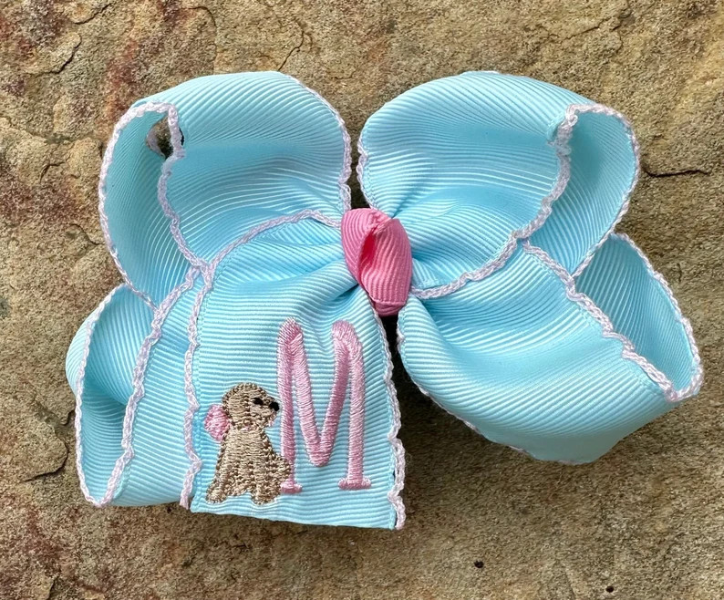 Personalized Medium or Large Moonstitch Dog Hair Bow, Monogram Initial Scalloped Bows, Monogramme... | Etsy (US)