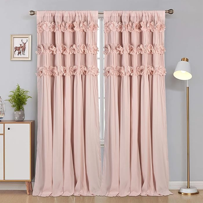 Luxurious Peach Pink Blackout Curtains with 3 Rows of Handmade Butterfly Flower Ruffles, Room Dar... | Amazon (US)