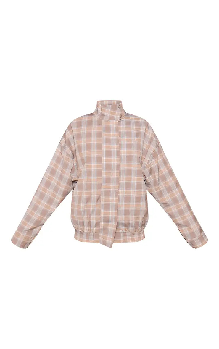 Petite Blue Check Funnel Neck Windbreaker | PrettyLittleThing UK