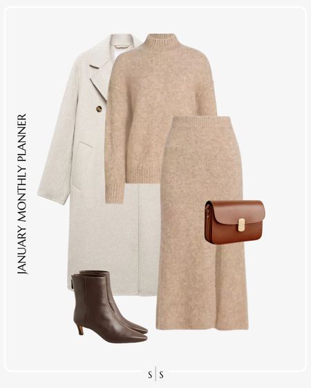 Monthly outfit planner: JANUARY: Winter looks | sweater, sweater skirt set, ankle boots, cognac handbag, oversized wool coat

See the entire calendar on thesarahstories.com ✨ 

#LTKworkwear #LTKstyletip