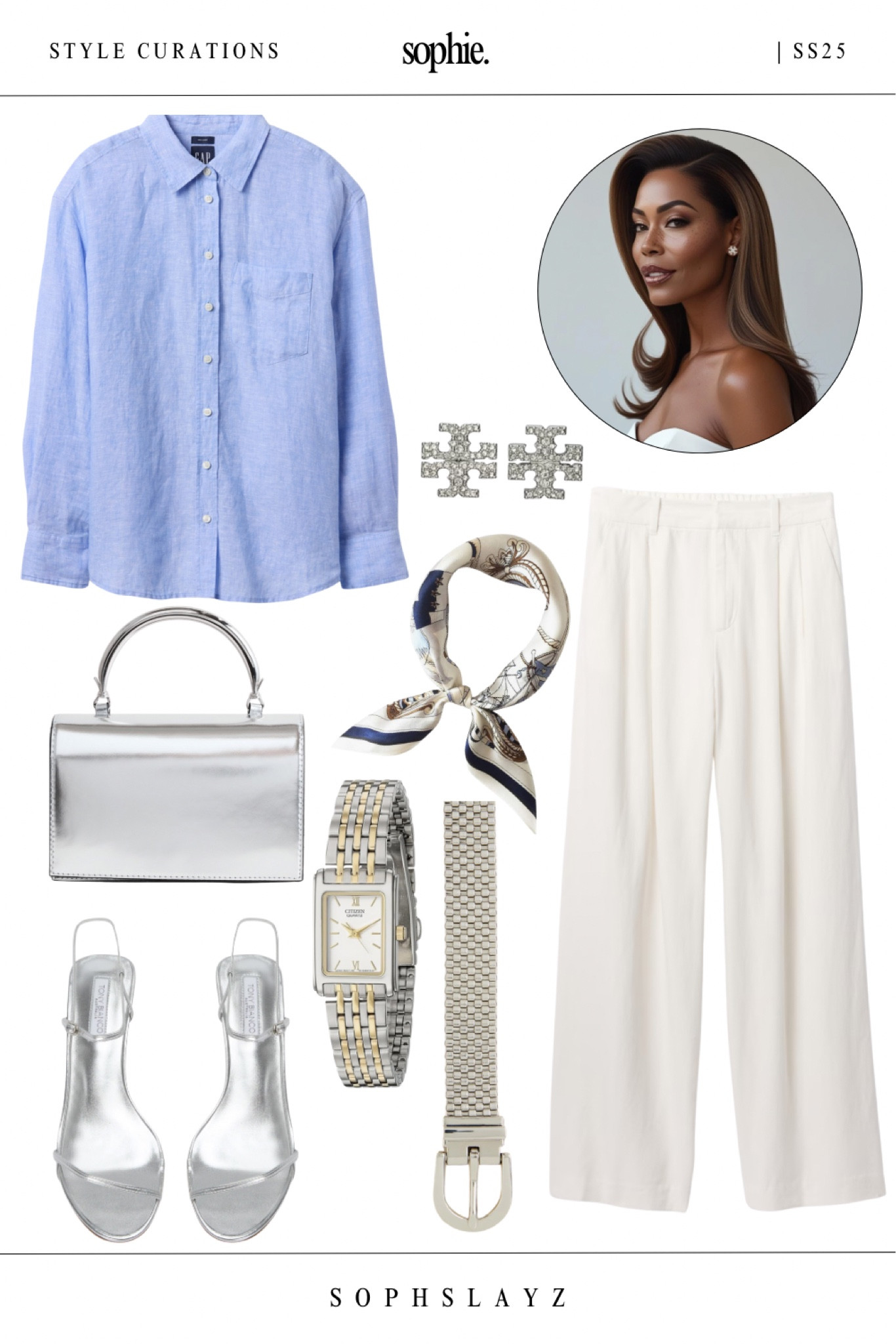 Part of my SS25 capsule wardrobe collection, this summer outfit is perfect for work-to-weekend.
Featuring a light blue linen shirt, high-waisted white pants, and sleek silver strappy sandals, this curation is styled with a structured top-handle bag, two-tone watch, and a silk scarf for a polished finish.
Versatile pieces you’ll wear again and again.

#LTKWorkwear #LTKOver40 #LTKStyleTip