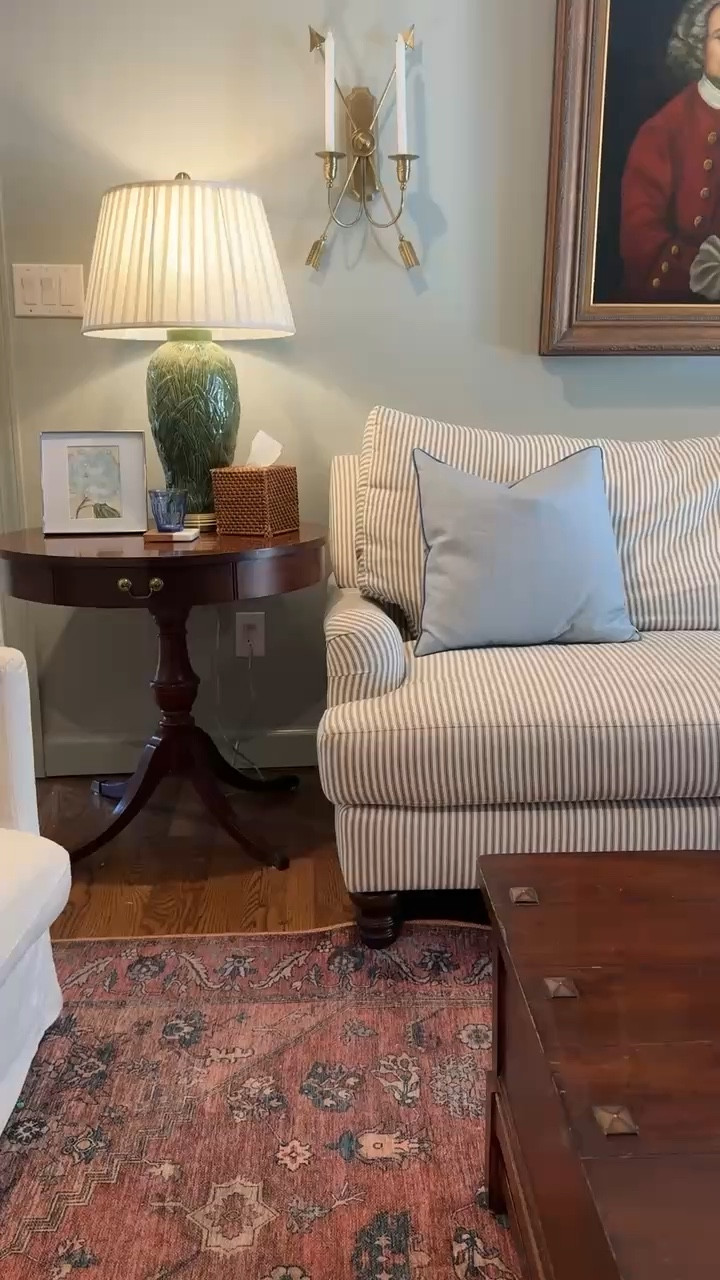 Colonial home den, family den, classic colonial home, red oushak rug, striped couch, classic colonial decor, classic home

#LTKHome