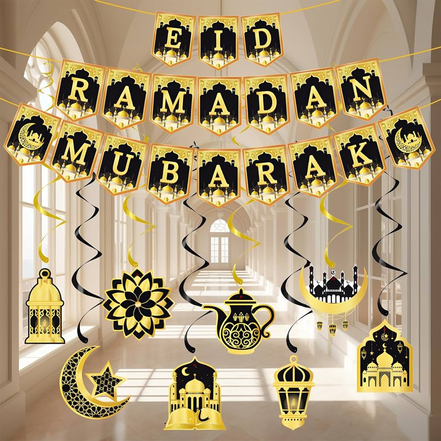 35PCS Ramadan Decorations, Eid Ramadan Mubarak Banner and Foil Hanging Swirl Streams Ceiling Deco... | Amazon (UK)