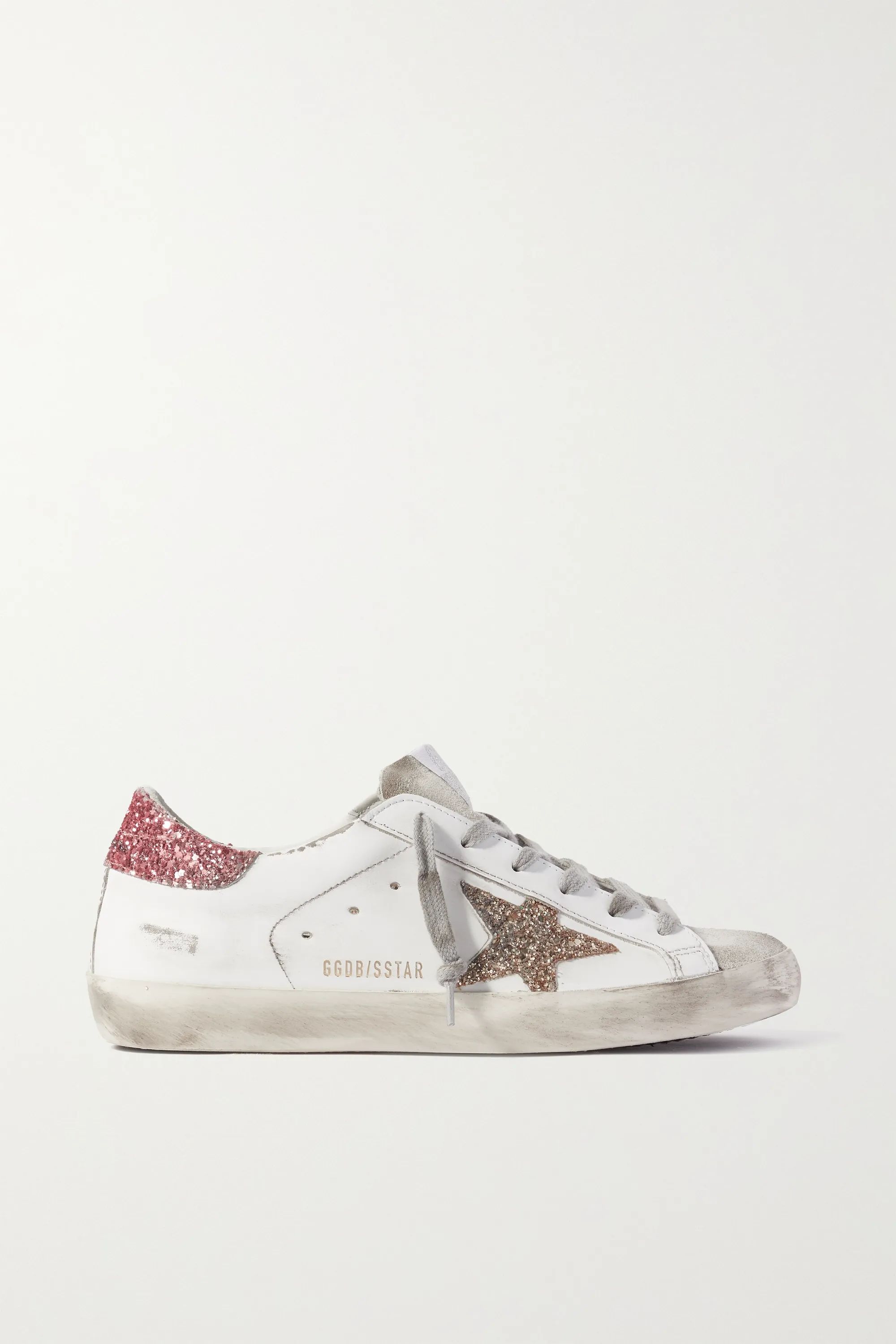 White Superstar distressed glittered leather sneakers | Golden Goose | NET-A-PORTER | NET-A-PORTER (US)