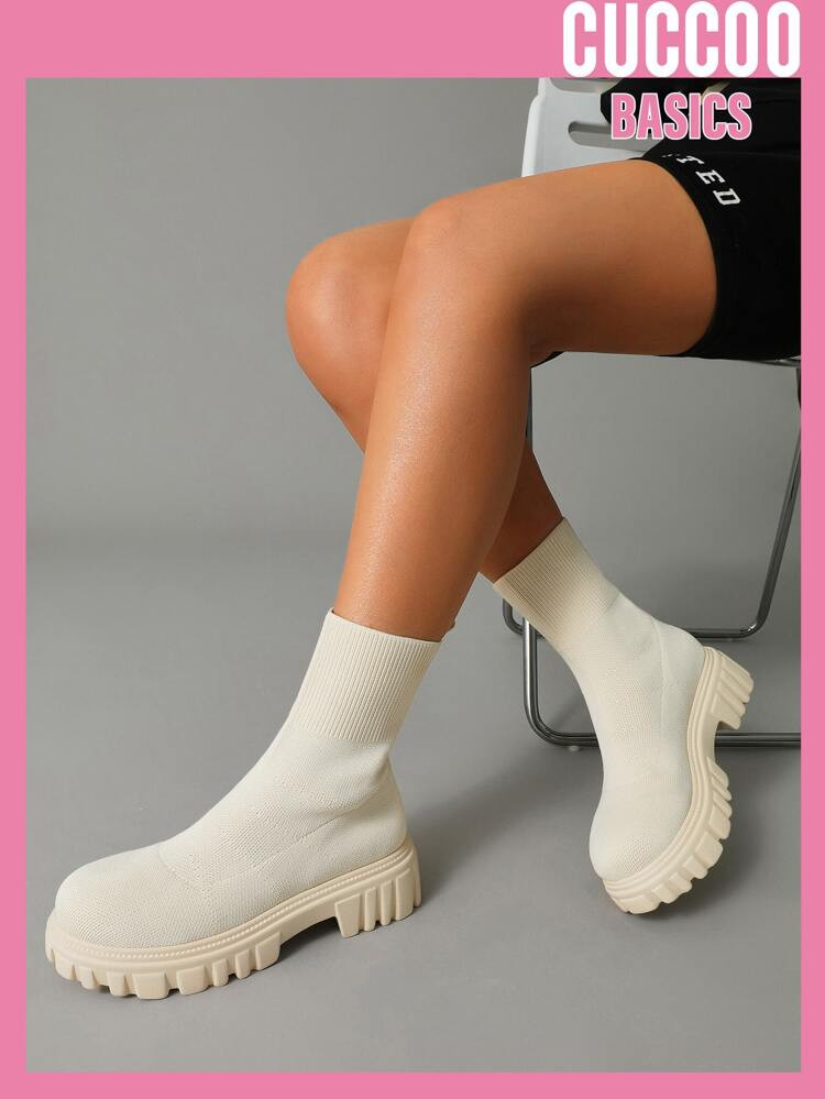 CUCCOO Basic Minimalist Knit Platform Sock Boots | SHEIN