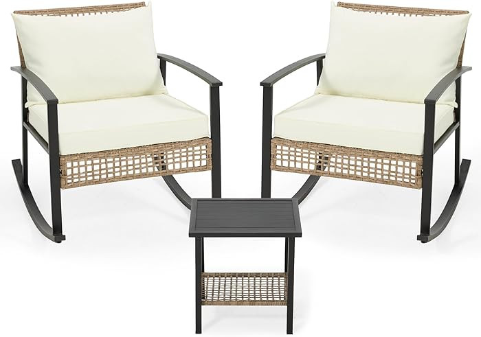 AVAWING 3 Pieces Rocking Bistro Set, Outdoor Rattan Patio Rocking Chairs Set of 2 and 2-Tier Coff... | Amazon (US)