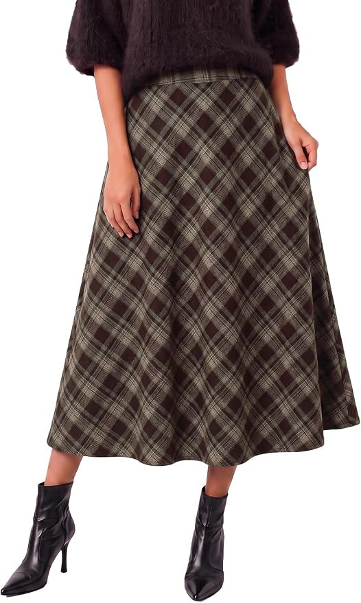 Tankaneo Womens Plaid Long Skirts Elastic Waist A-line Maxi Skirt 2026 | Amazon (US)