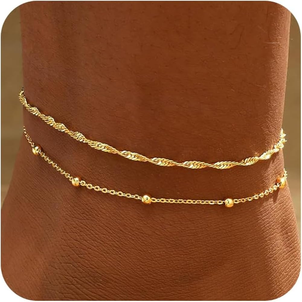 2/3 PCS Gold Anklets for Women Waterproof Cuban Link Anklet Beaded Bracelets Stackable Bracelets ... | Amazon (US)