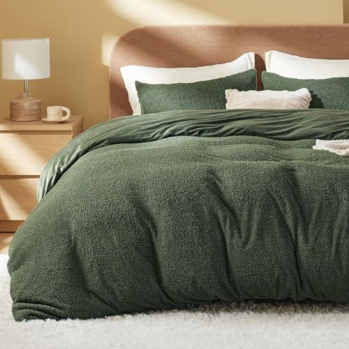 Bedsure Sherpa Fleece Duvet Cover Set with Fitted Sheet - Ultra Soft Plush Shaggy Fluffy Comforter Cover Queen Size, Warm Flannel Fleece Bed Sets for Winter, 4 Pieces Set, Olive Green | Amazon (US)