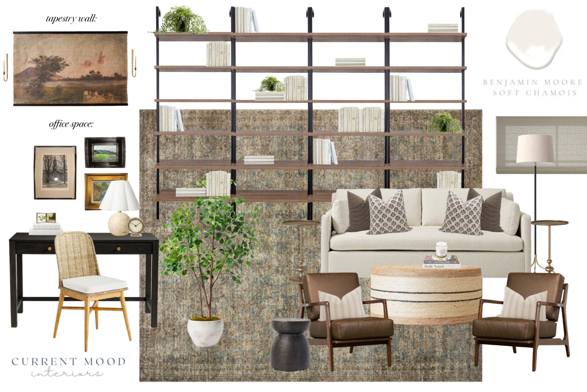 Organic Modern Sitting Room / Home Office Combo
#edesign #edesigner #officedesign #homeoffice #livingroom #bookshelves #arearug #sofa #accentchairs #coffeetable #desk #accenttables #homedecor #officedesign 

#LTKHome