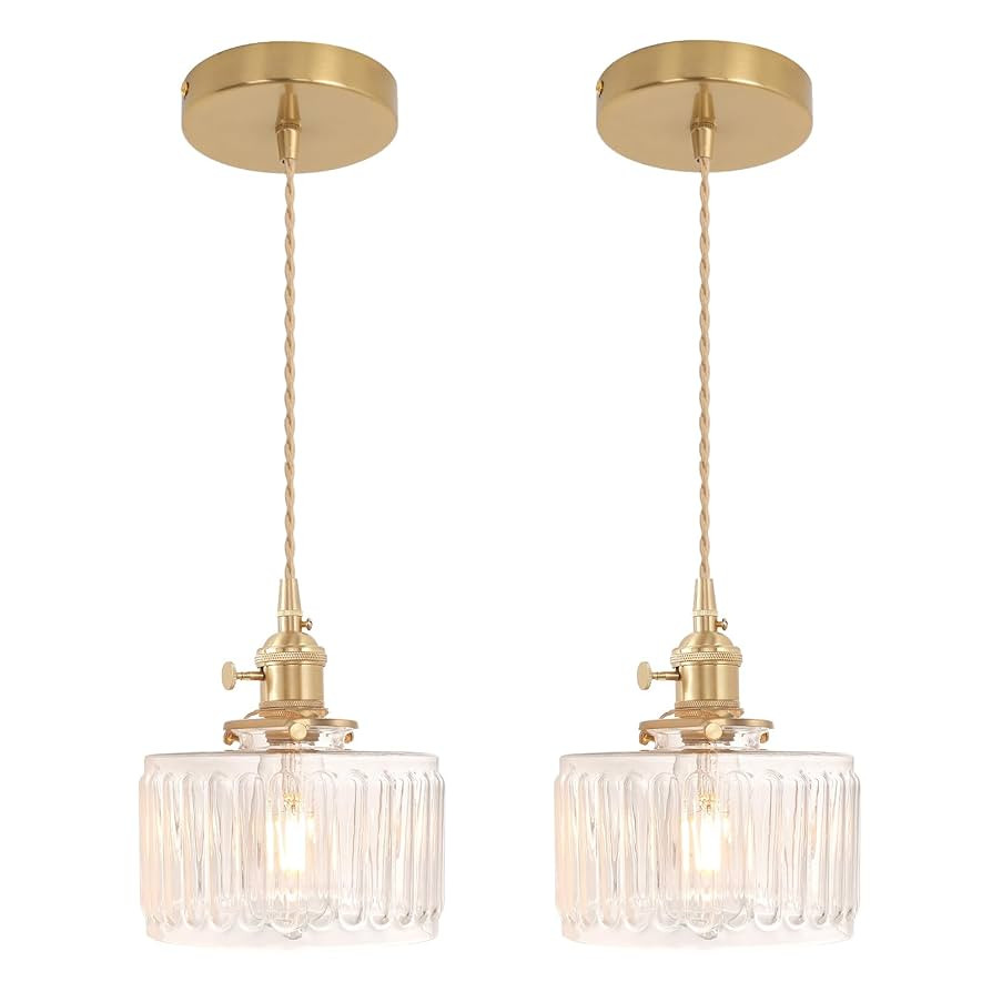 Pendant Light 2 Pack with Clear Striped Glass Lmapshade, Brass Vintage Pendant Light Adjustable H... | Amazon (US)