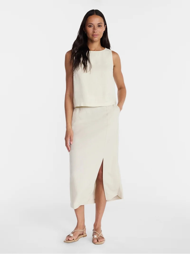 Time and Tru Women's and Women’s Plus Linen Blend Midi Skirt with Side Slit, Sizes XS-XXXL | Walmart (US)