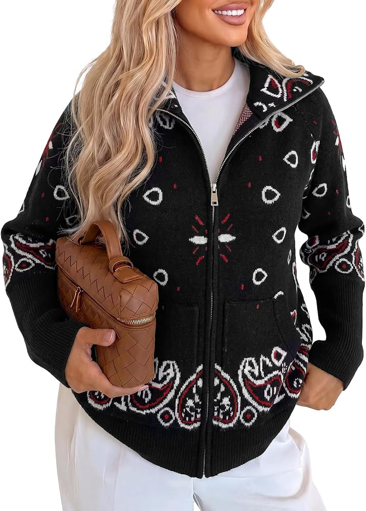 Cicy Bell Women Zip Up Cardigan Sweater Stand Collar Knit Printed Sweater | Amazon (US)