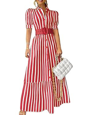 utcoco Womens Striped Button Down Shirt Dress Casual Puff Short Sleeve Ruffle Hem Maxi Dresses wi... | Amazon (US)