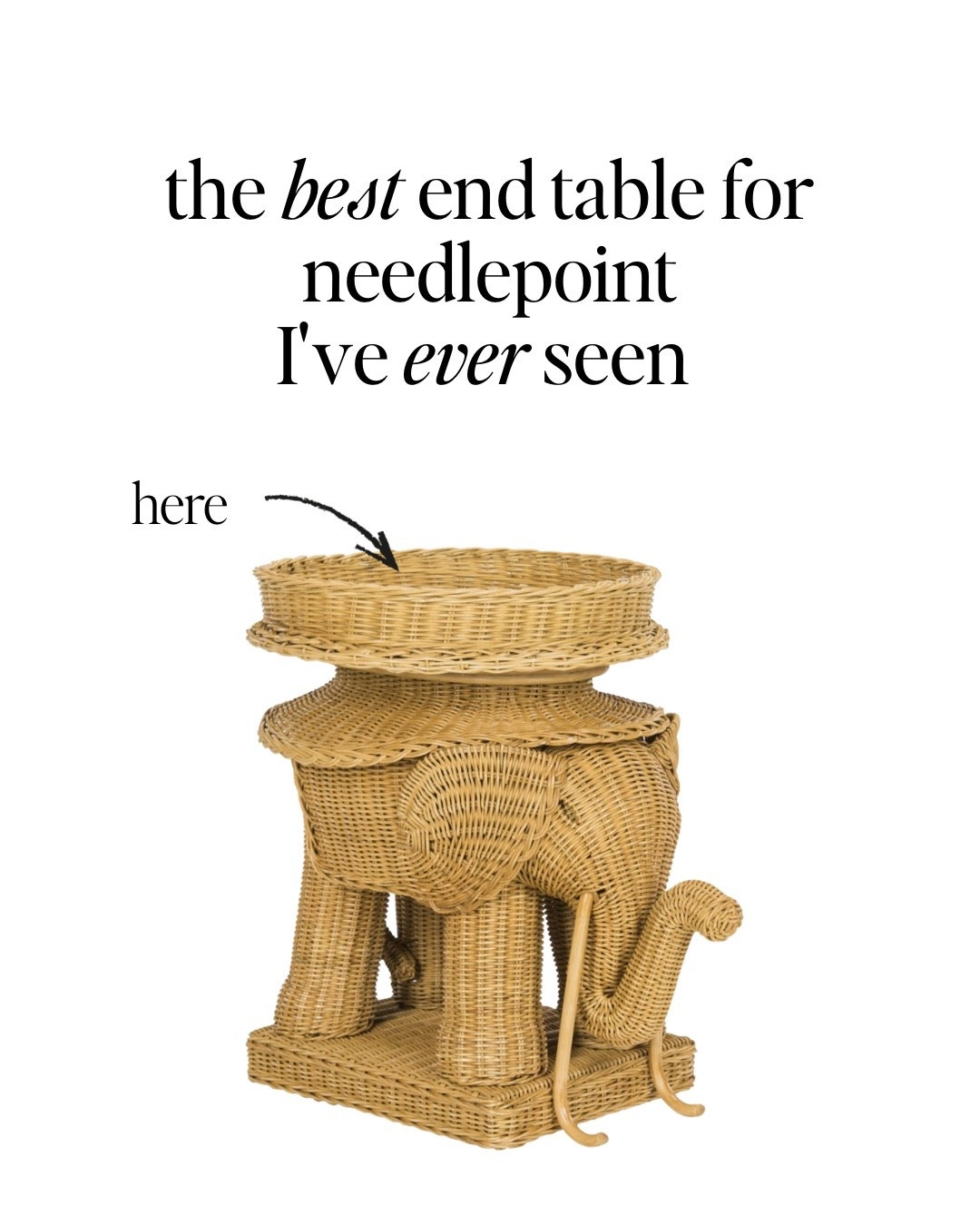 This rattan elephant end table has a tray top that would be AMAZING with needlepoint and acrylic on top. 

I'm dead. This is the best needlepoint finishing project I've ever seen! 

#needlepoint #ndlpt 

#LTKHome #LTKSeasonal #LTKOver40