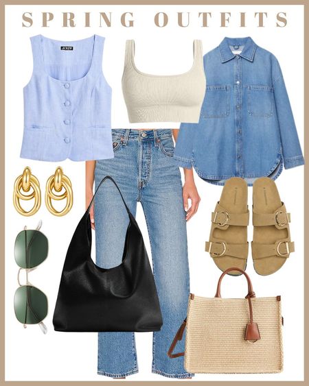 Spring outfit, spring fashion, blue vest, denim shirt, jeans, black bag, straw bag rayban sunglasses, Amazon finds 

#LTKfindsunder50 #LTKstyletip #LTKtravel