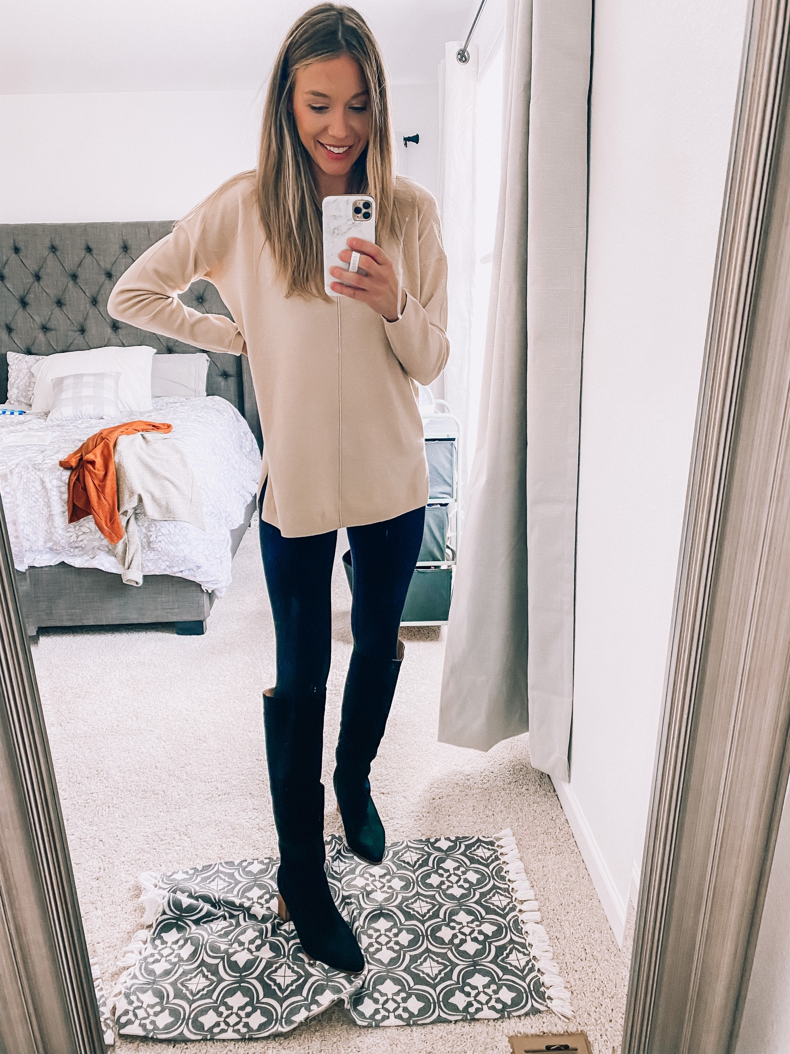 Leggings outfit, fall outfit, neutral sweater, black boots, knee high boots, neutral outfit, work wear. 

#LTKSeasonal #LTKstyletip #LTKworkwear