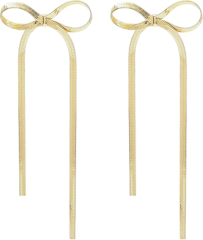 14K Gold Plated Bow Earrings for Women Long Tassel Chain Earrings Wedding Statement Jewelry Ribbon Stud Earrings Gift | Amazon (US)
