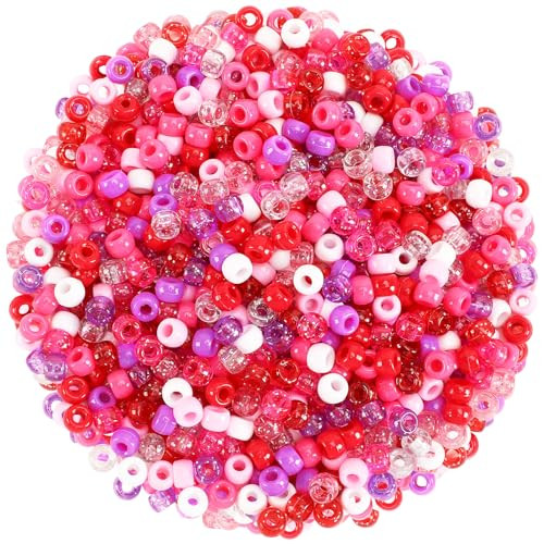 UPINS Valentine's Day Pony Beads, 1200Pcs Glitter Pink Red Purple Round Plastic Pony Beads for Jewelry Making DIY Crafts Valentines Party Decoration Necklace Bracelets Romantic Accessories (10 Colors) | Amazon (US)