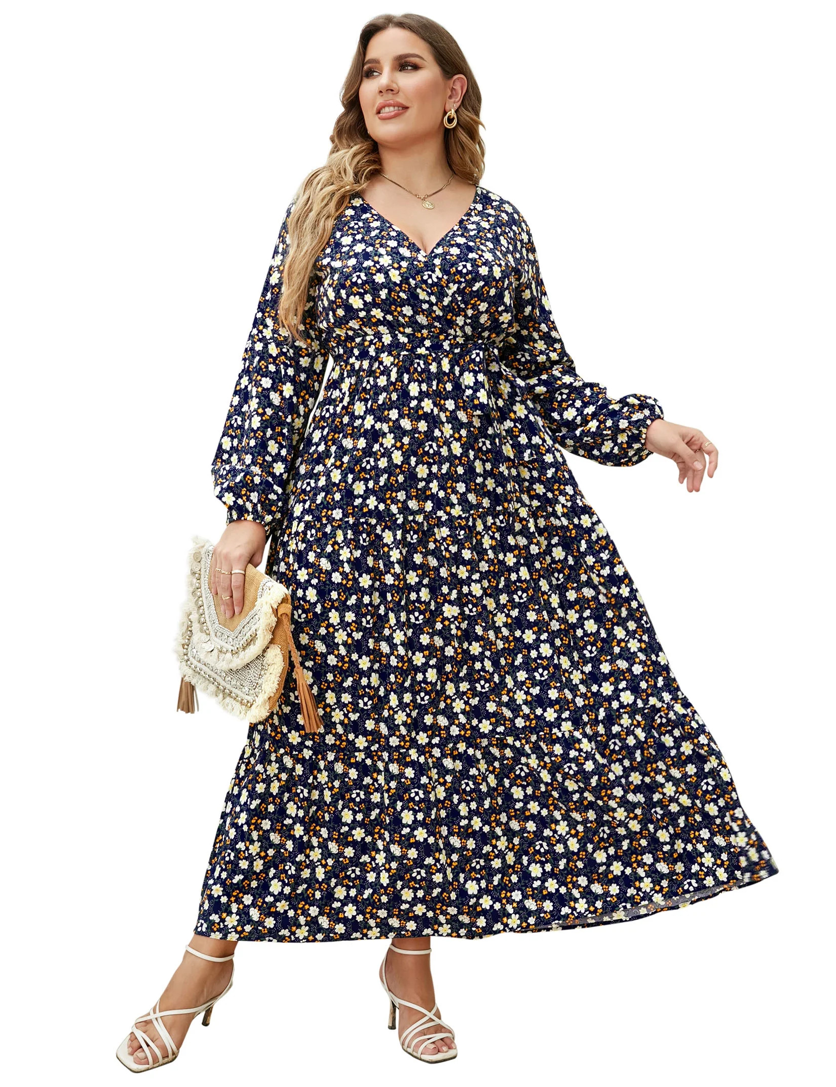 Women Long Long Sleeve Wrap V Neck Floral Printed Long Maxi Dress Plus Size | Walmart (US)