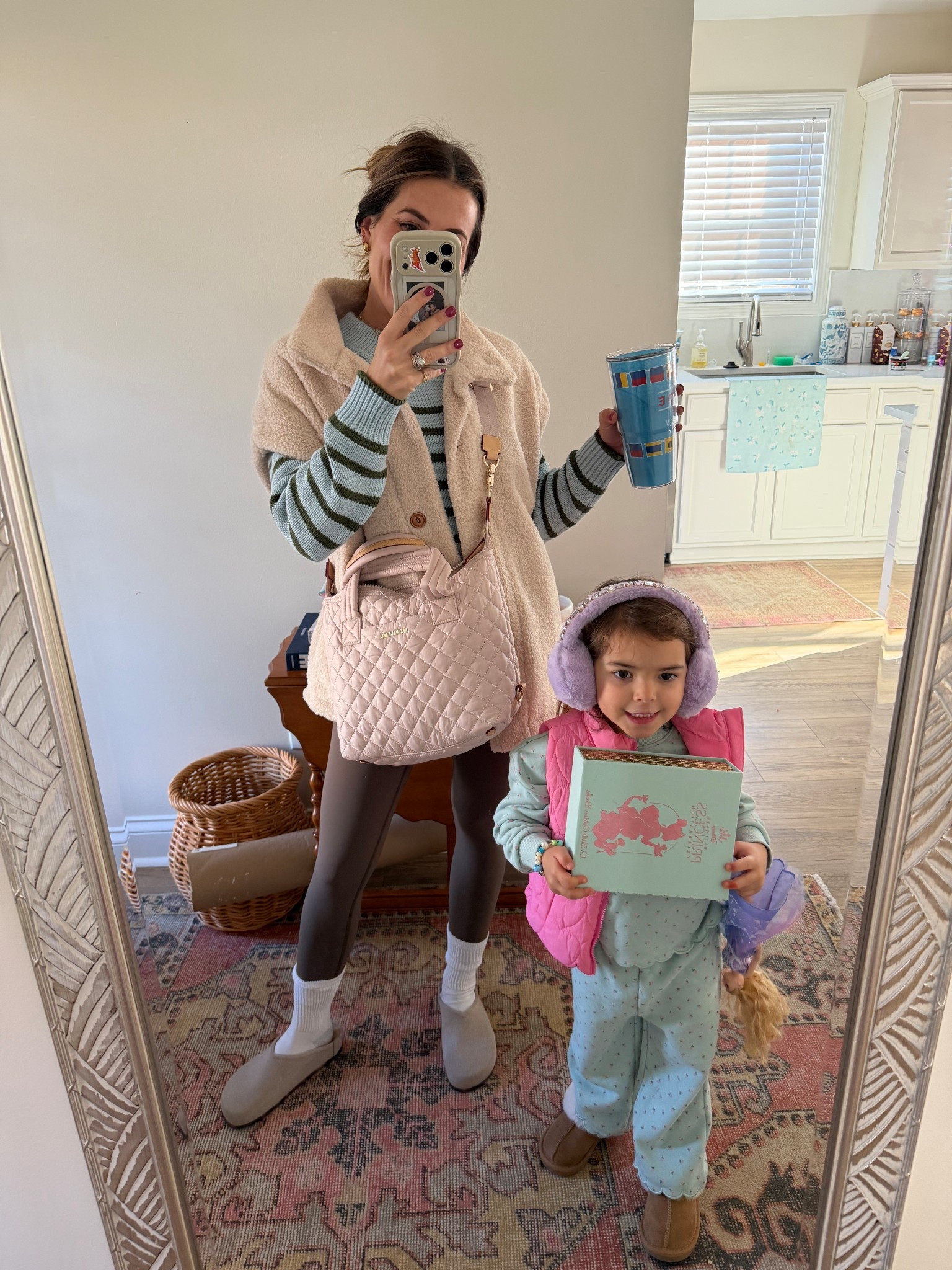 Our weekend outfits 🫶🏼 I’m a medium in the striped sweater, a small in the spanx leggings (they’re ON SALE) & a small in the vest 

#LTKCyberWeek #LTKHoliday