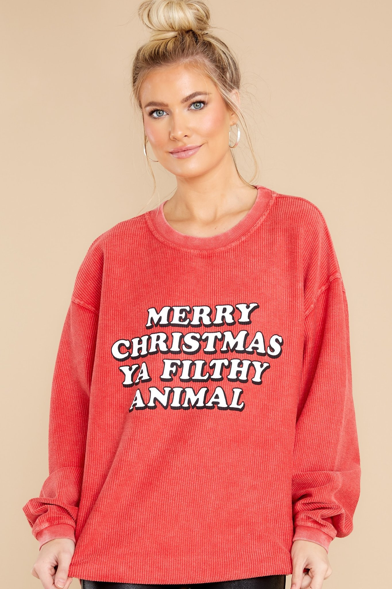 Merry Christmas Ya Filthy Animal Red Cord Sweatshirt | Red Dress 