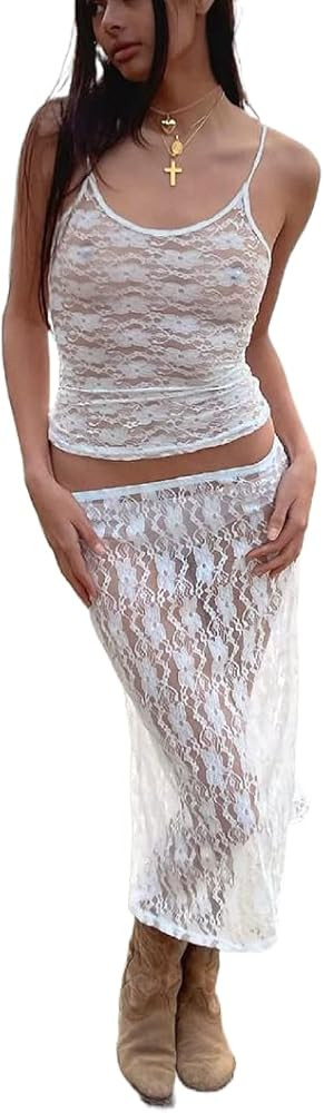 Argeousgor Women 2 Piece Long Skirt Sets Sleeveless Crop Camis Bodycon Maxi Midi Skirts Y2k Two P... | Amazon (US)