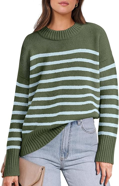ANRABESS Women Fall Fashion Sweaters Striped Long Sleeve Crewneck Loose Fit Cozy Knit Trendy Pull... | Amazon (US)