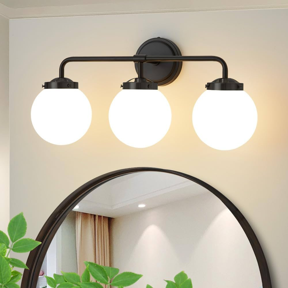 Deyidn Black Bathroom Light Fixtures Over Mirror, 3-Light Modern Vanity Lighting with Milk White ... | Amazon (US)