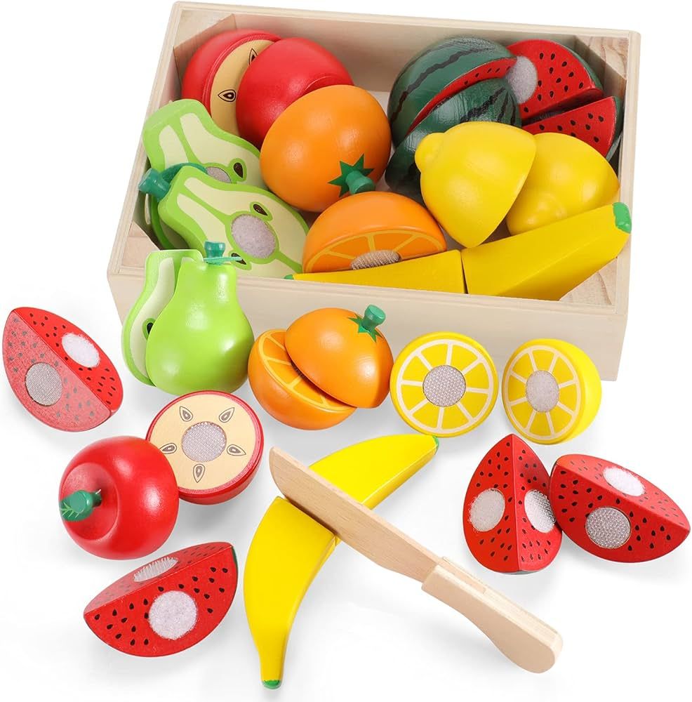 WHOHOLL Wooden Play Food Toddler Toys, Pretend Cutting Food Toys, Play Fruits Toy Food Sets for K... | Amazon (US)