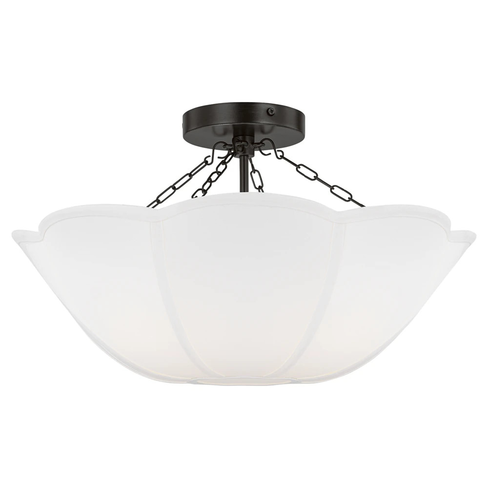 Visual Comfort Studio Stassi French Country Aged Iron White Scalloped Shade Semi Flush Mount | Kathy Kuo Home