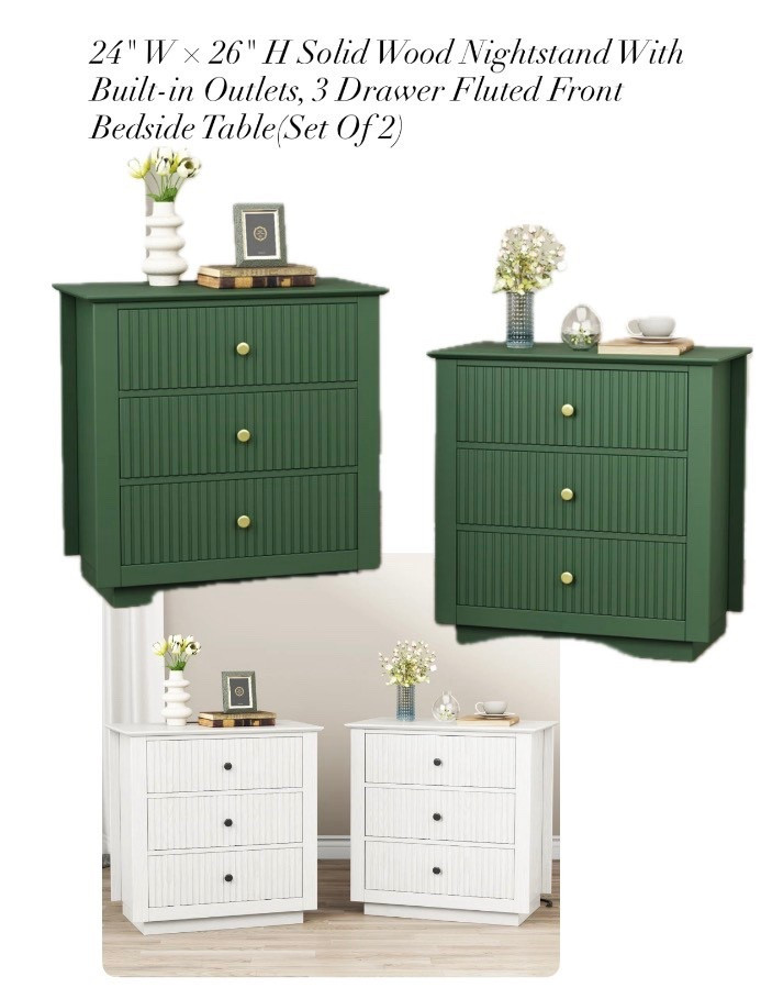 24" W × 26" H Solid Wood Nightstand With Built-in Outlets, 3 Drawer Fluted Front Bedside Table(Set Of 2)