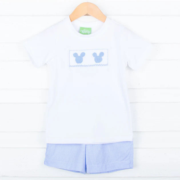 Mouse Ears Smocked Light Blue Short Set | Classic Whimsy