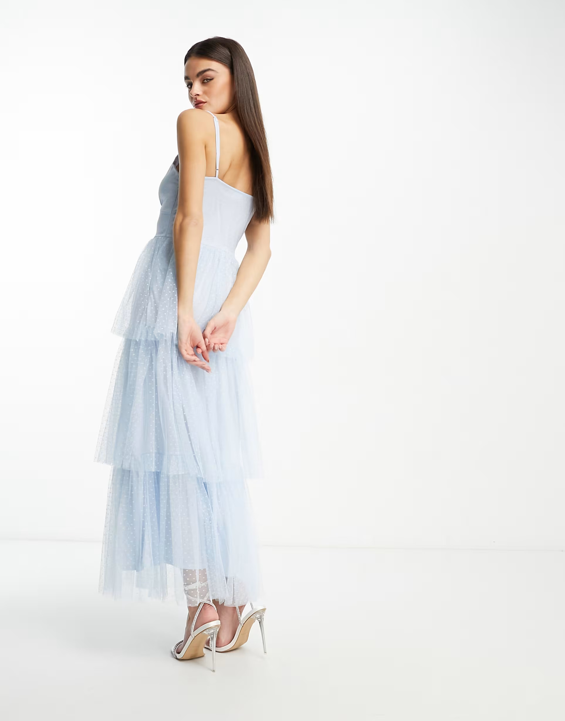 Vila Bridesmaid tulle textured maxi dress with tiered skirt in blue | ASOS (Global)