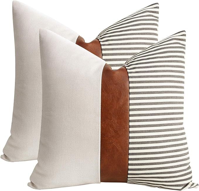 cygnus Set of 2 Farmhouse Decor Stripe Patchwork Linen Throw Pillow Covers ,Modern Tan Faux Leath... | Amazon (US)