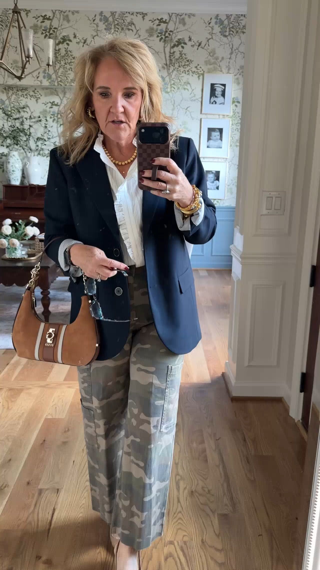 Saturday night dinner date in east Nashville. 
Walmart camo pants are restocked size medium and I cut about 4” off the bottom hem 
Navy blazer size 10 petite 
White blouse I sized up to a large for a relaxed fit 
New guess purse found on sale 
Sam Edelman slingbacks are a favorite. 

Fall outfit date night 

#LTKOver40 #LTKPetite #LTKSaleAlert