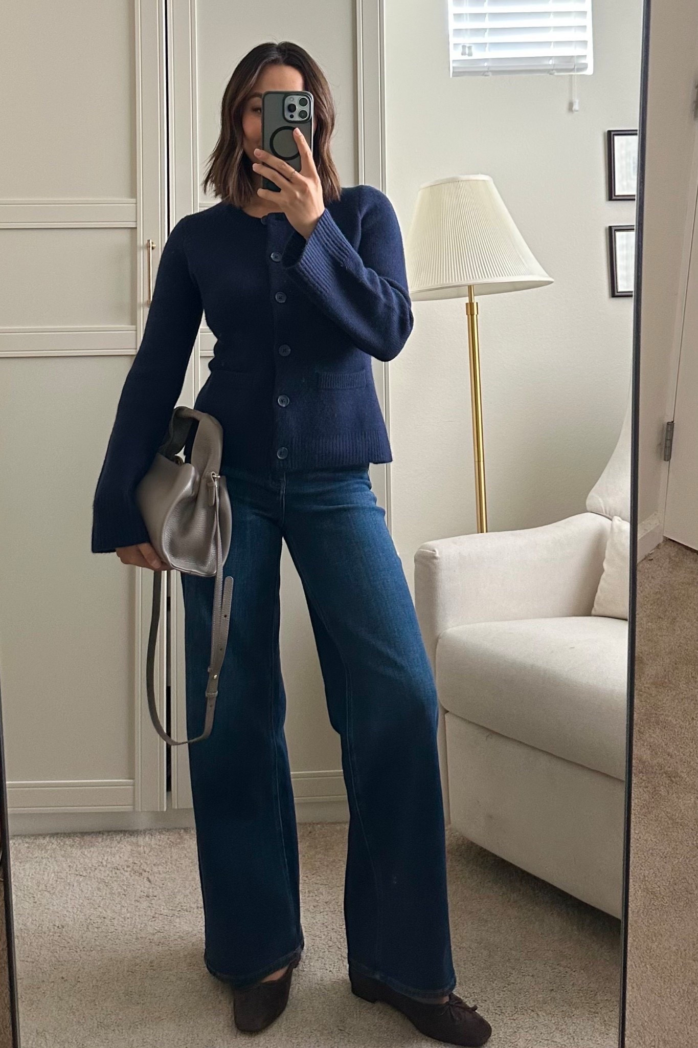 Elevated outfit 

Quince cashmere cardigan - xs 
Quince Bella wide leg jeans
Quince leather purse 
Cole haan ballet flats — old, linked to a similar style 

Linked to other quince pieces I recommend 

#LTKWorkwear #LTKootd